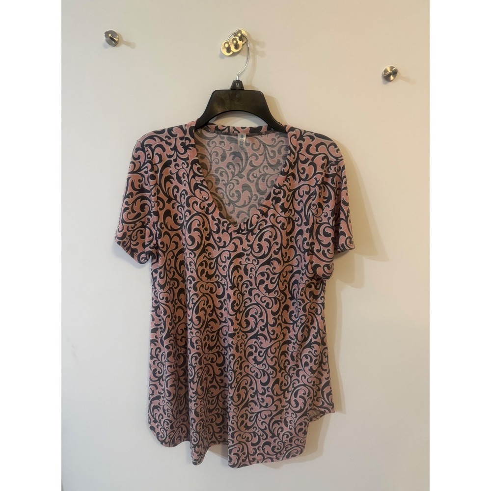 Paisley Grace Womens Pink Grey Scroll Print V-Neck Short Sleeve Top Size L